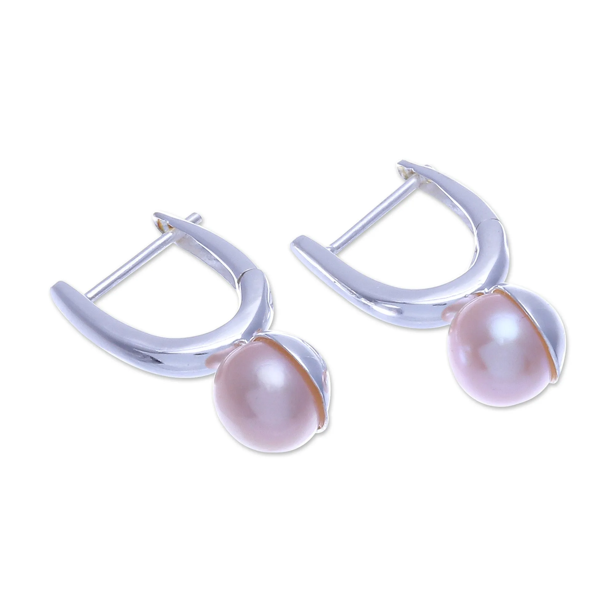 Cultured Pearl and Sterling Silver Drop Earrings - Mood Lift in Peach | NOVICA