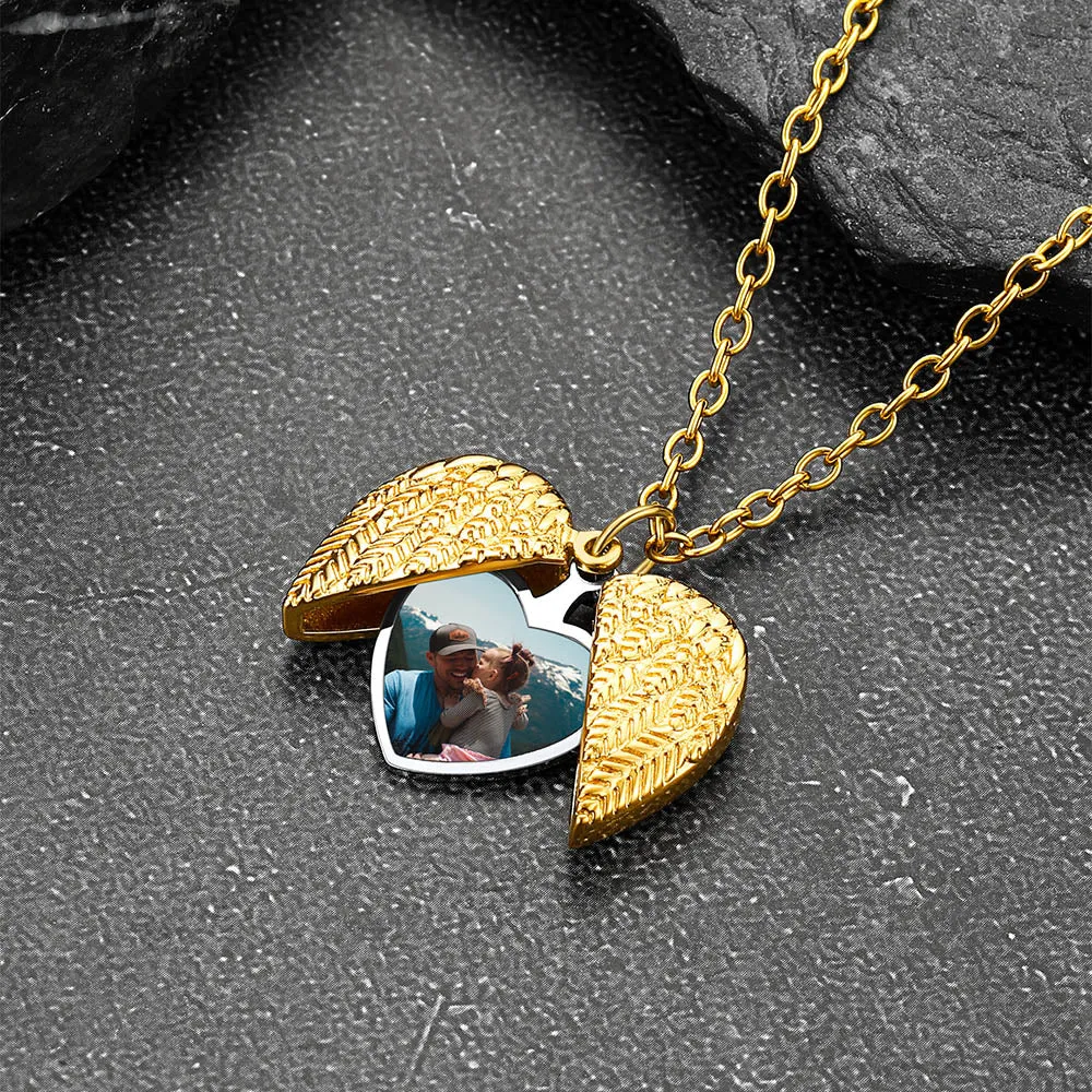 Custom Angel Wings Photo Picture Locket Necklace for Women