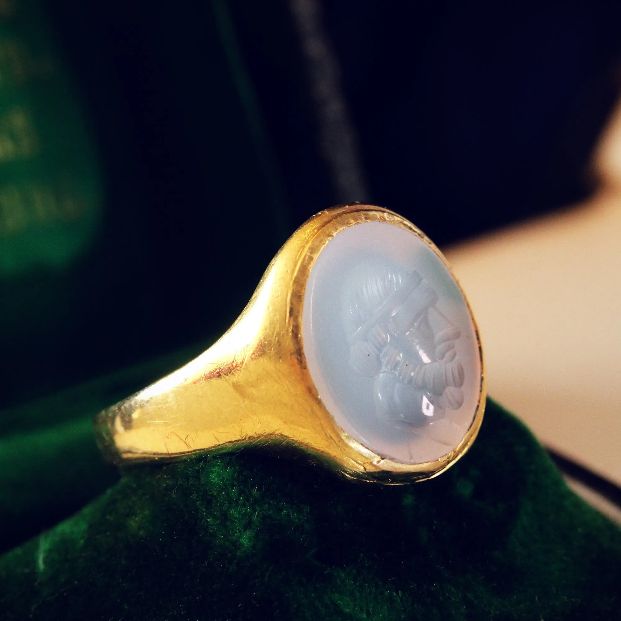 Date 1887 Romanesque Chalcedony Intaglio Signet Ring