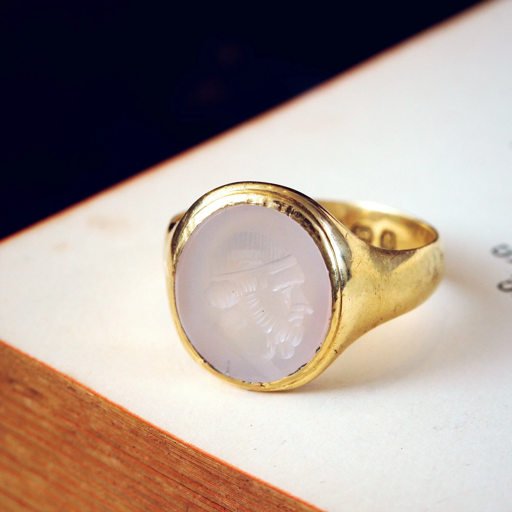 Date 1887 Romanesque Chalcedony Intaglio Signet Ring