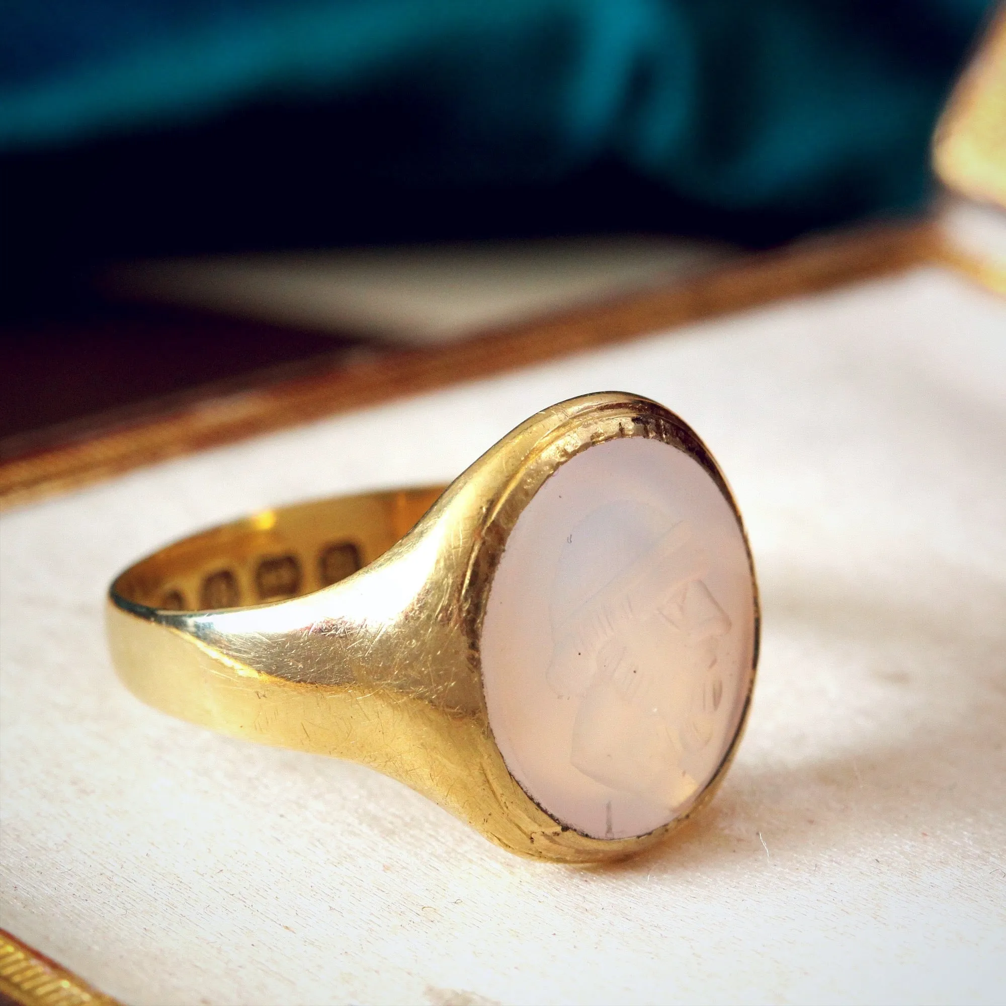 Date 1887 Romanesque Chalcedony Intaglio Signet Ring