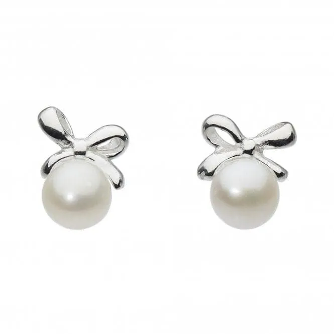 Dew Silver Dinky Small Bow With Freshwater Pearl Stud Earrings 3648FP024