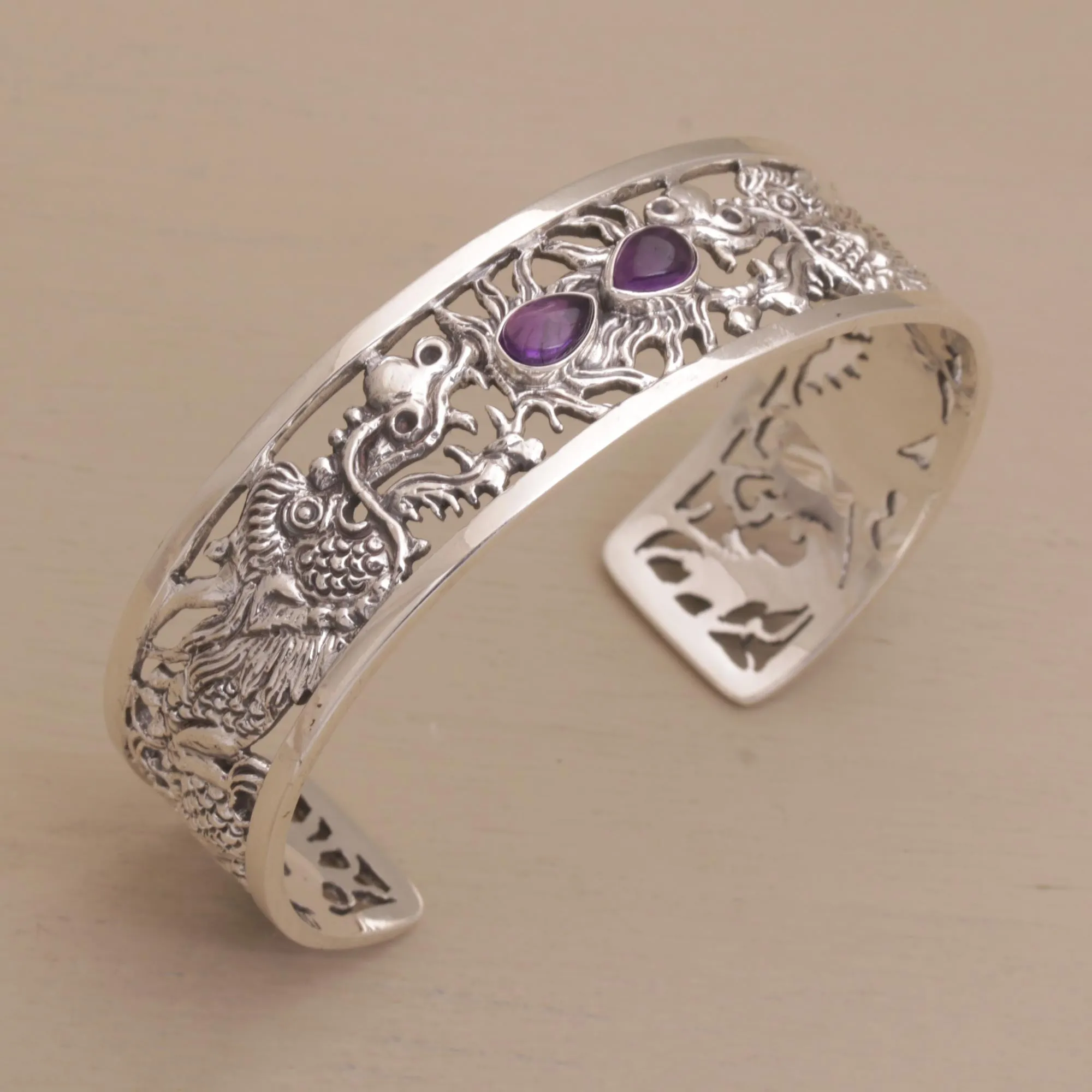 Dragon Duel Dragon Themed Sterling Silver and Amethyst Cuff Bracelet