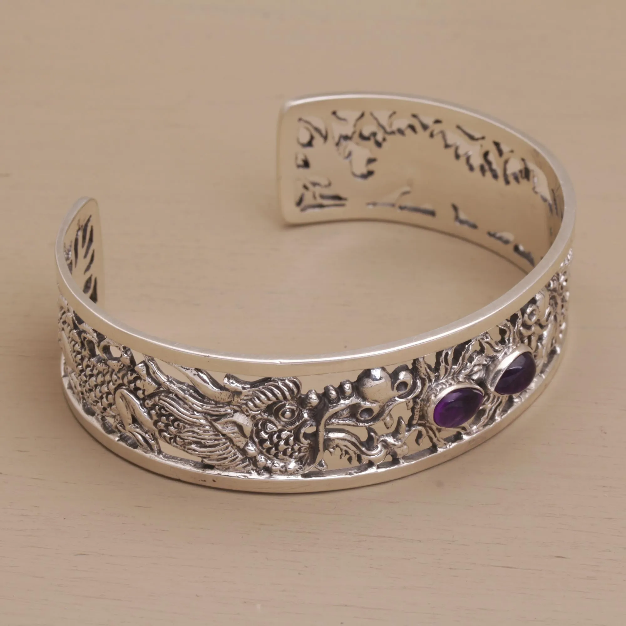 Dragon Duel Dragon Themed Sterling Silver and Amethyst Cuff Bracelet