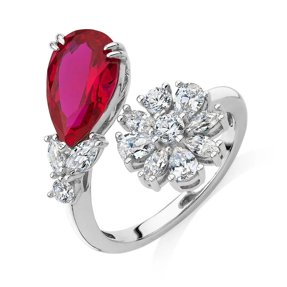 Dress ring with ruby simulant and 1.52 carats* of diamond simulants in sterling silver