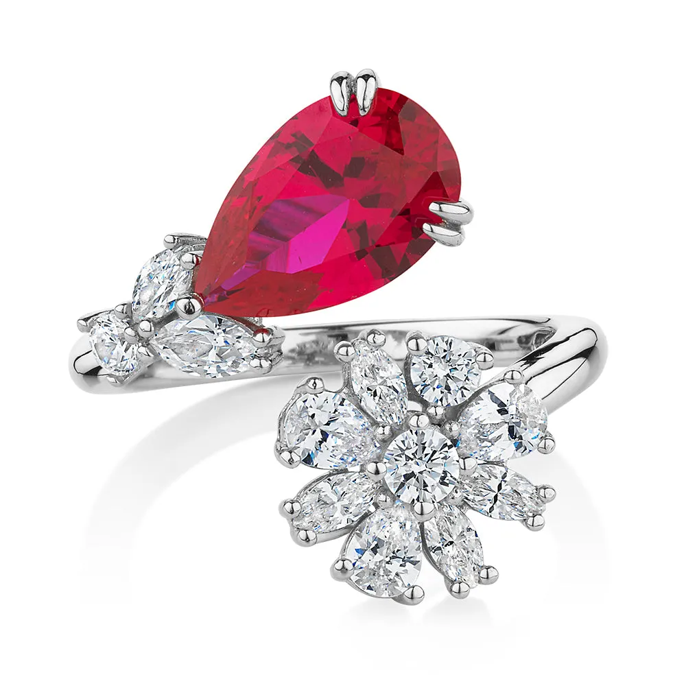 Dress ring with ruby simulant and 1.52 carats* of diamond simulants in sterling silver