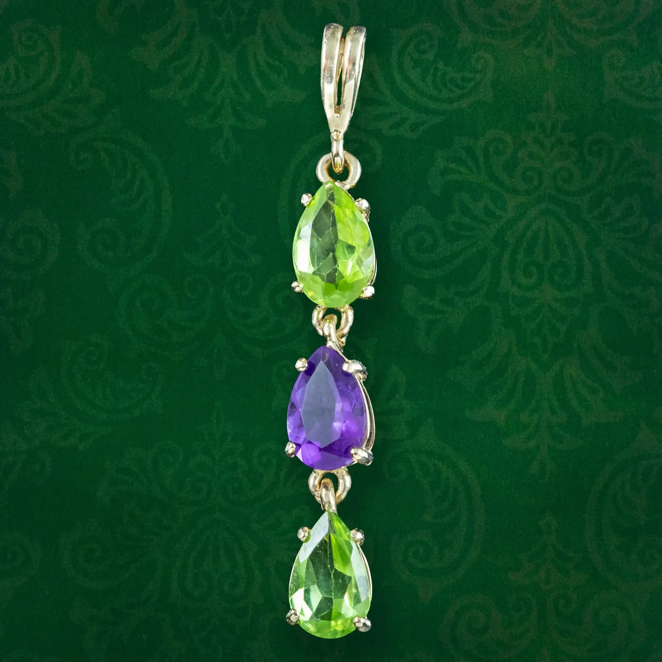 Edwardian Style Suffragette Amethyst Peridot Drop Pendant 9ct Gold