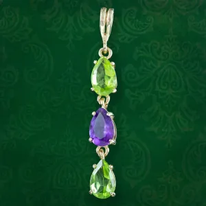 Edwardian Style Suffragette Amethyst Peridot Drop Pendant 9ct Gold