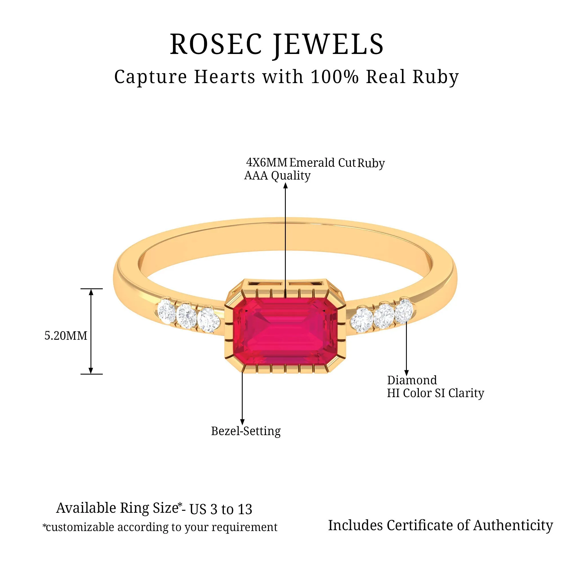 Emerald Cut Ruby East West Engagement Ring with Diamond