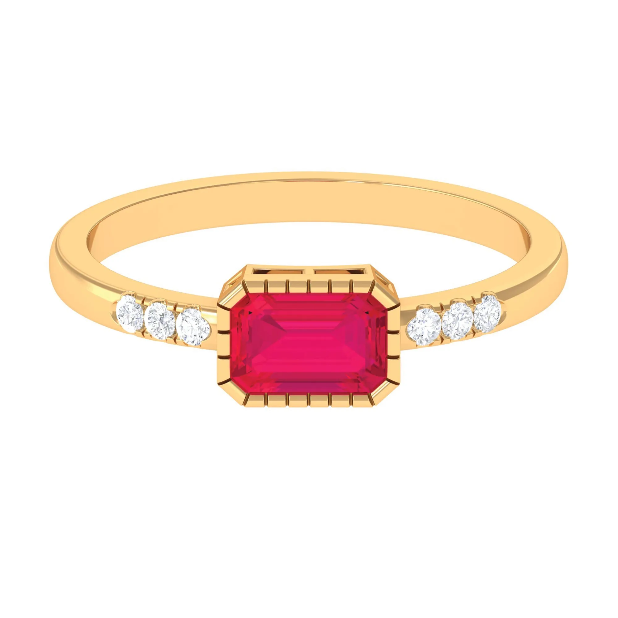 Emerald Cut Ruby East West Engagement Ring with Diamond