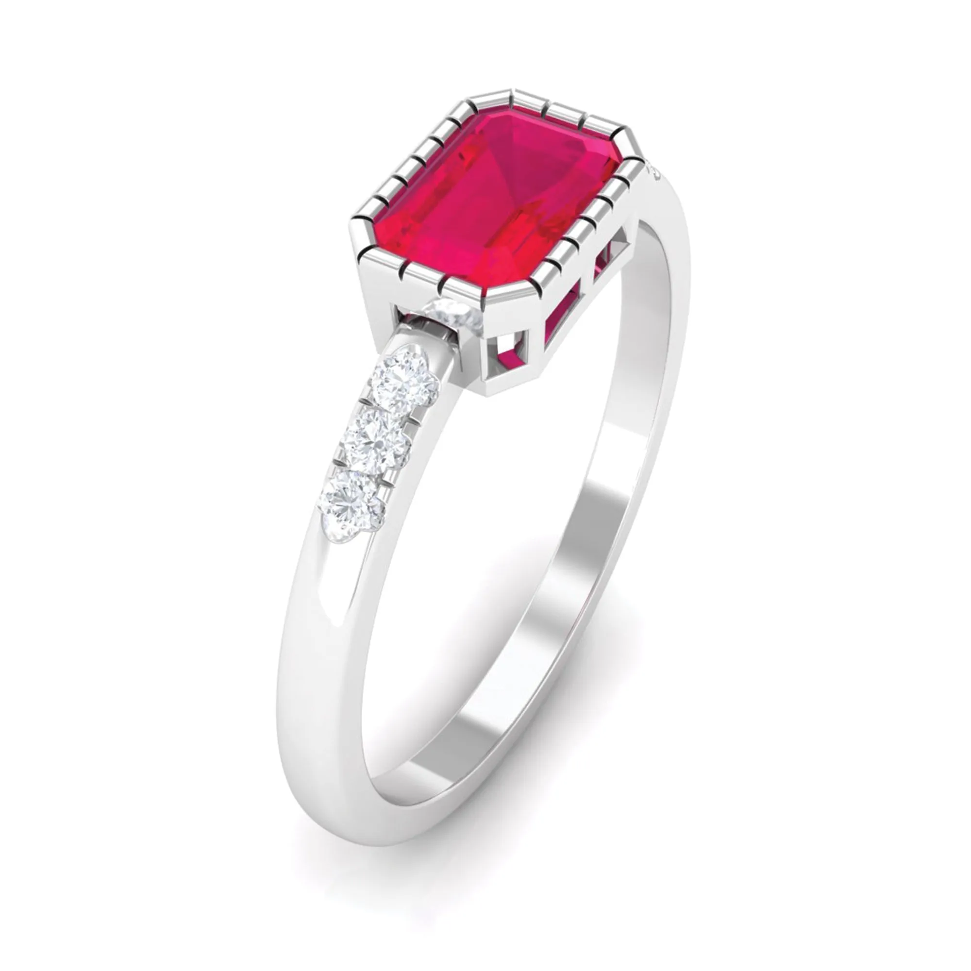 Emerald Cut Ruby East West Engagement Ring with Diamond