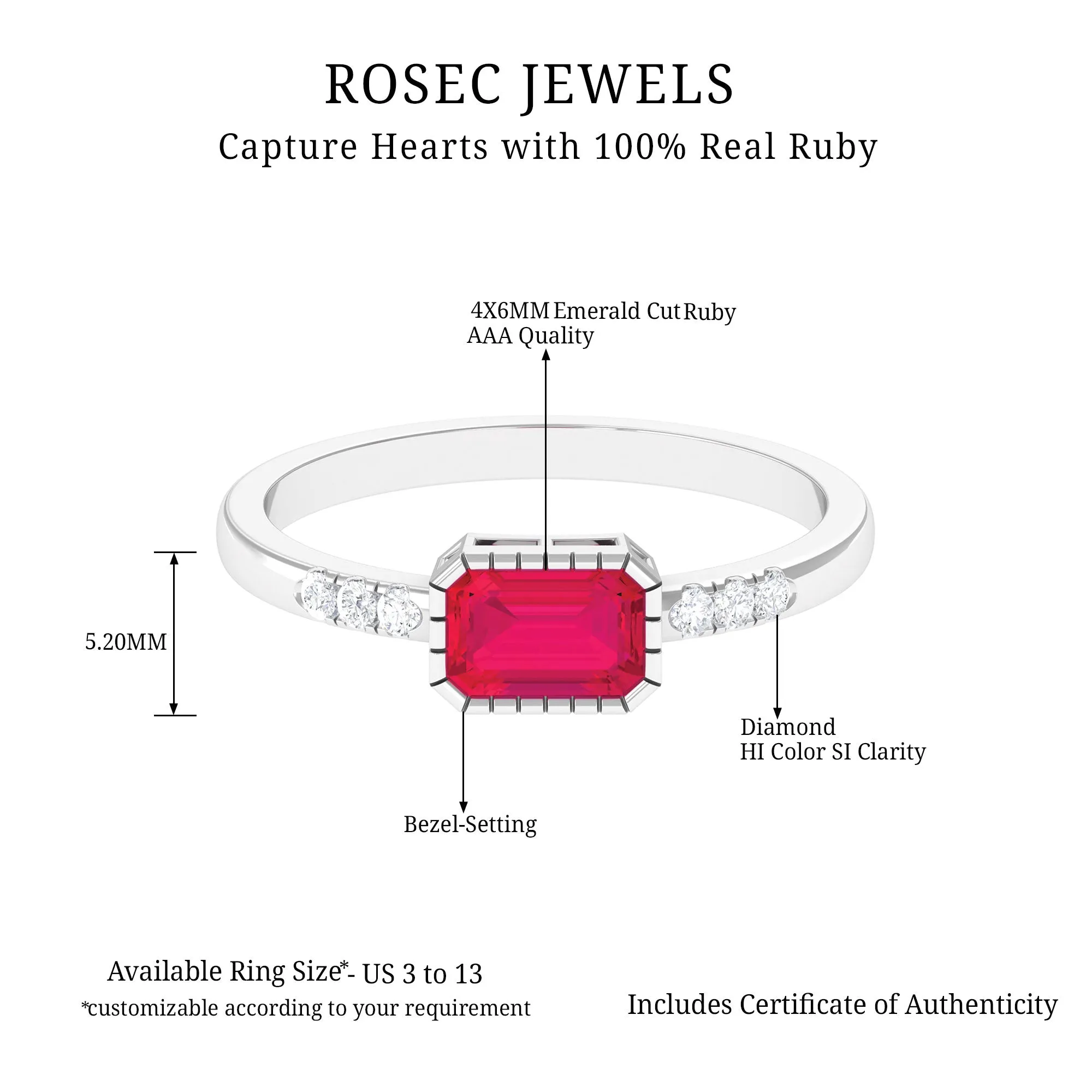 Emerald Cut Ruby East West Engagement Ring with Diamond