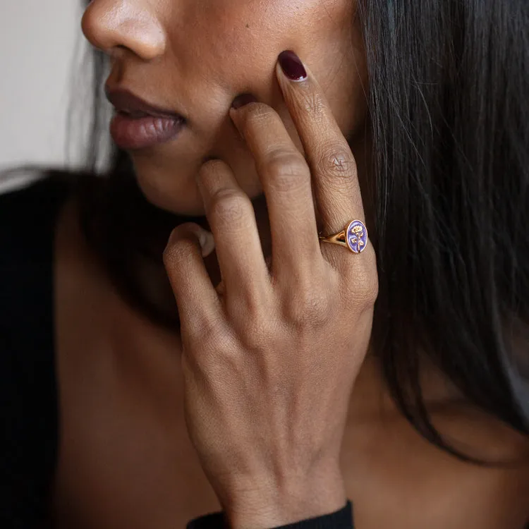 Enamel Birth Flower Signet Ring