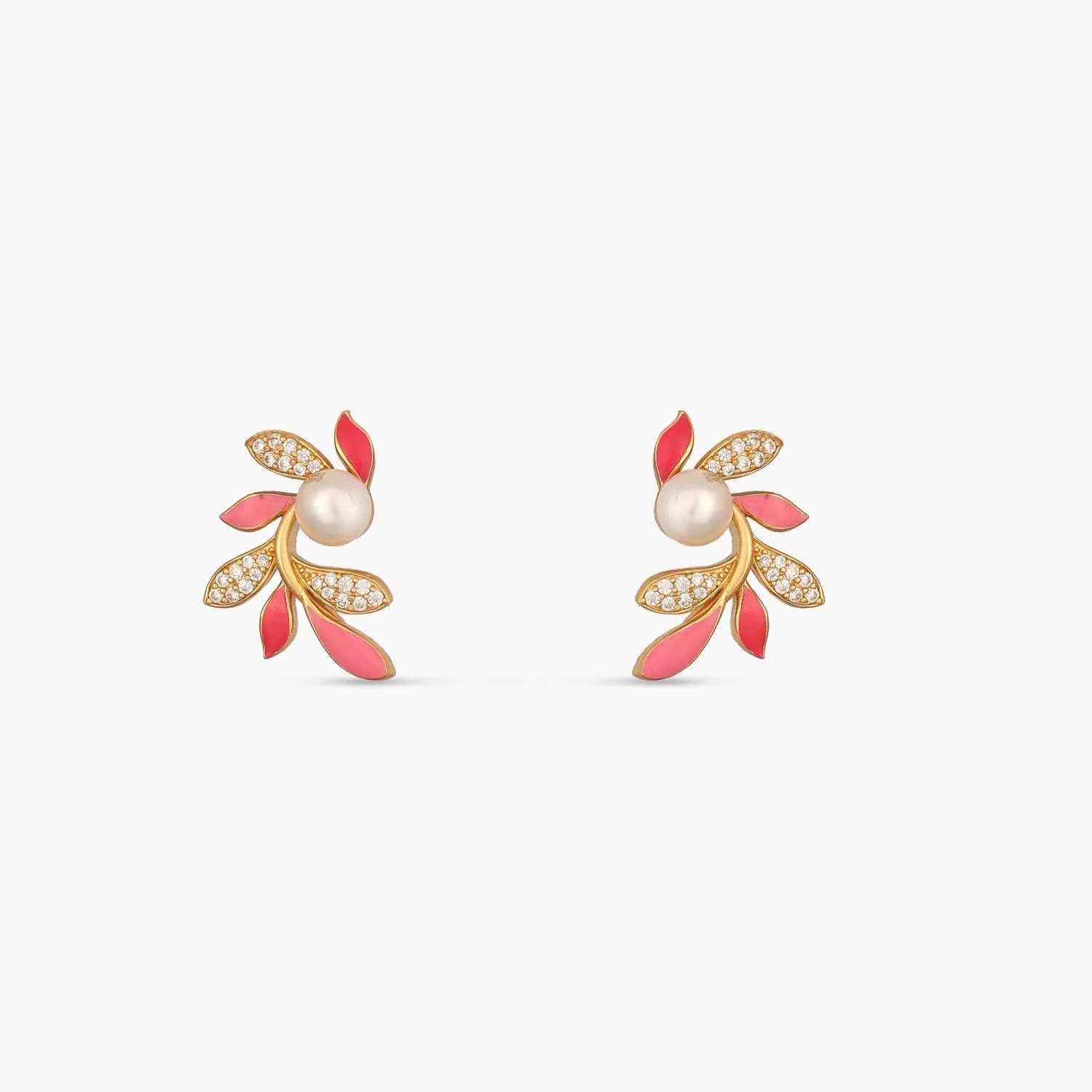 Eriha Pearl CZ Pink Leaf Stud Earrings