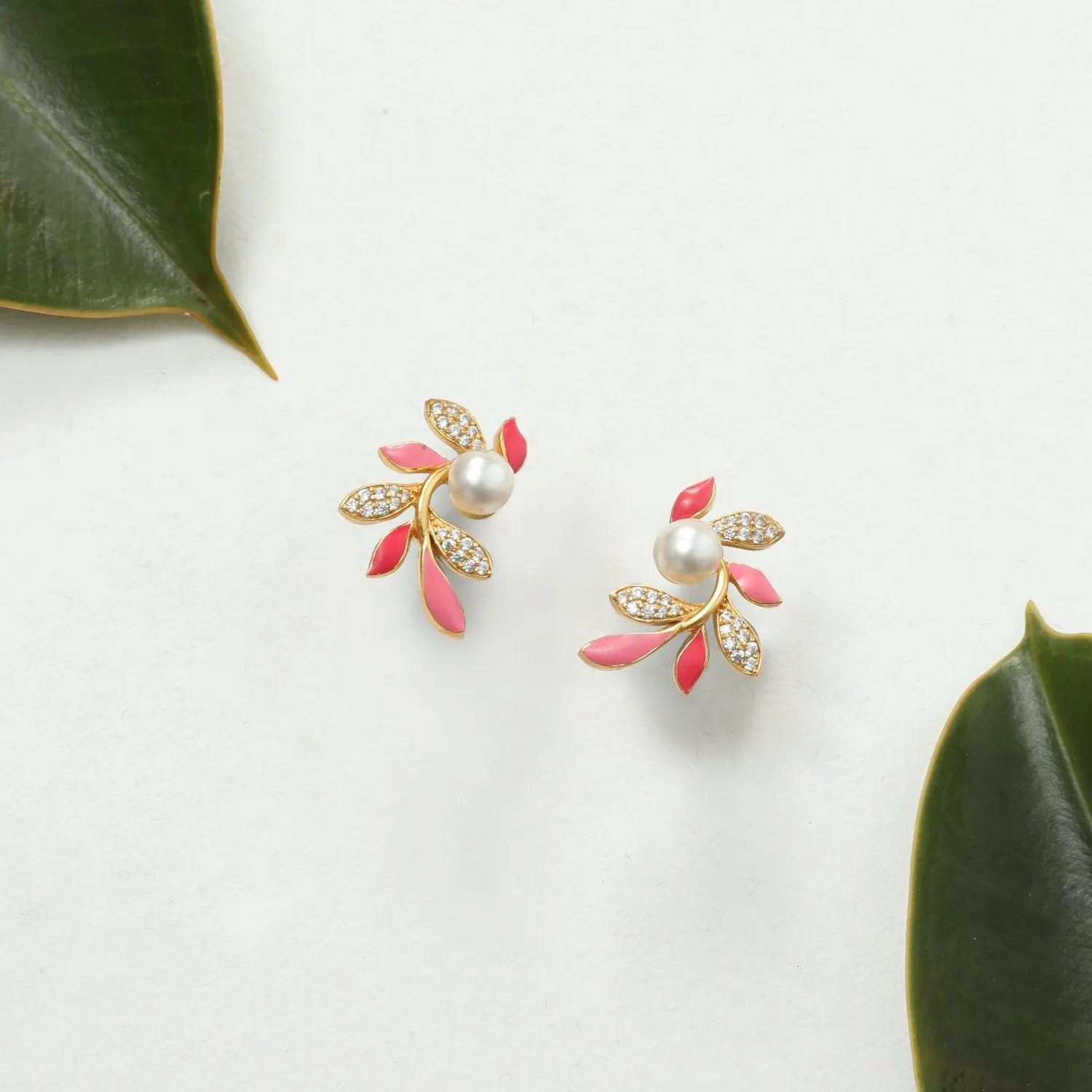 Eriha Pearl CZ Pink Leaf Stud Earrings