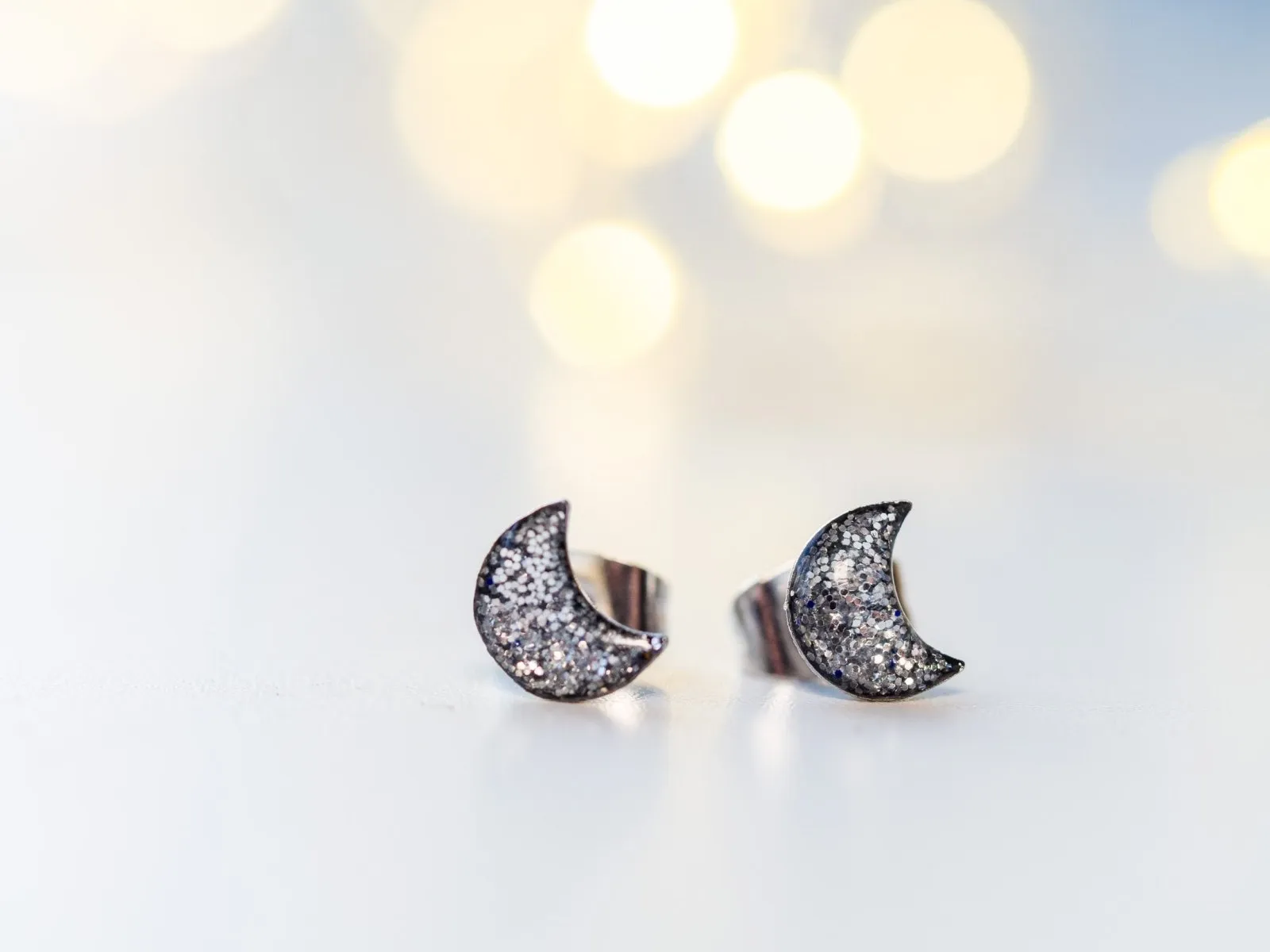 Glitter crescent moon stud earrings, Stainless steel