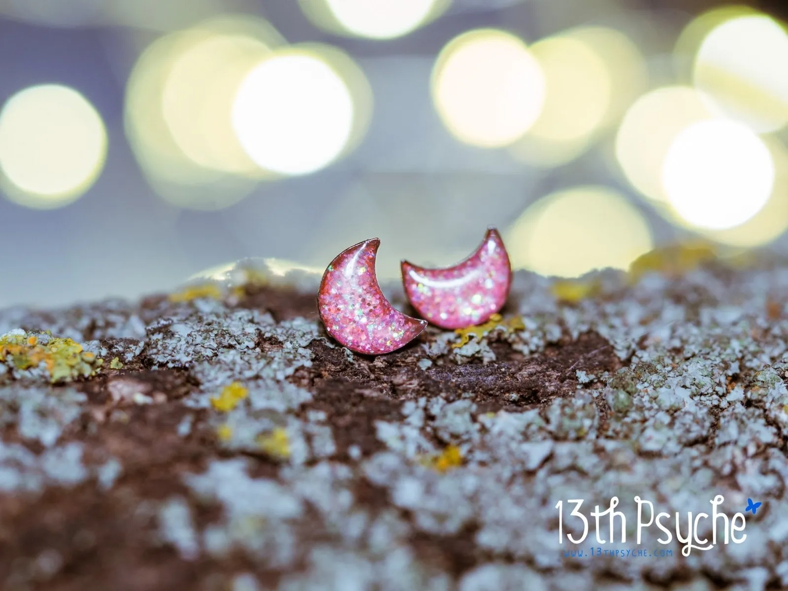 Glitter crescent moon stud earrings, Stainless steel