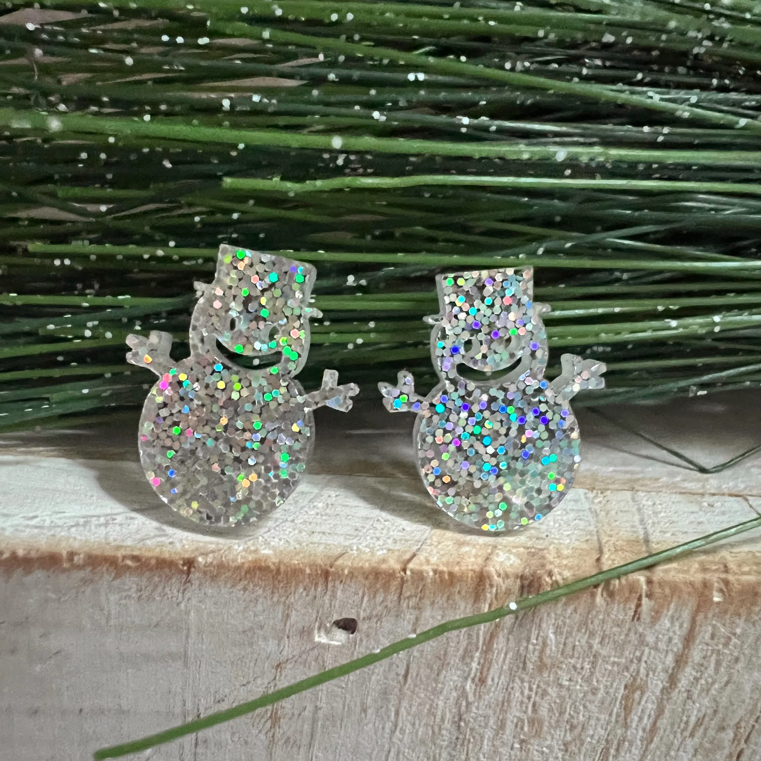 Glitter Resin Snowman Earrings Iridescent