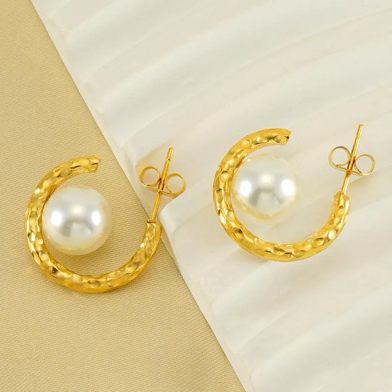 Gold Hoop Earrings with Simulated Pearl – Modern Geometric Drop Earrings