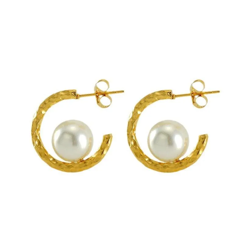 Gold Hoop Earrings with Simulated Pearl – Modern Geometric Drop Earrings