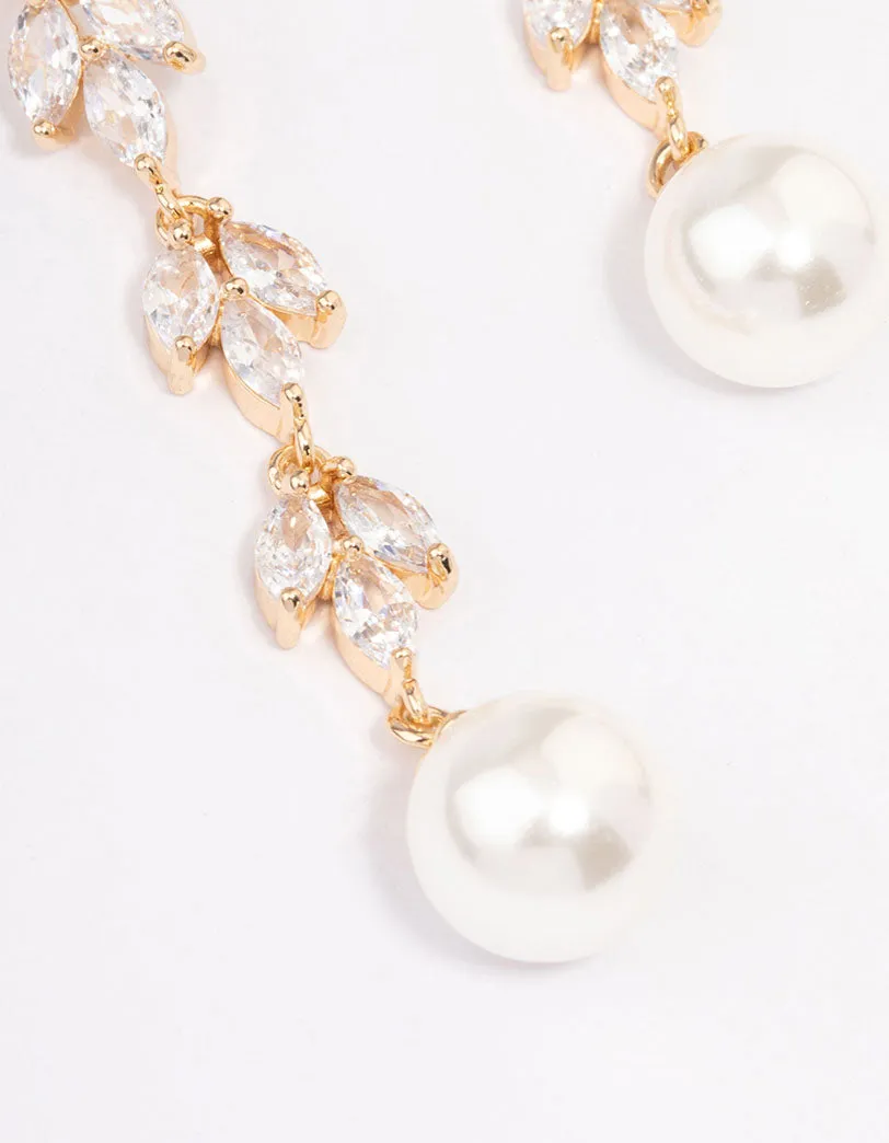 Gold Leaf Vine Pearl Drop Earrings