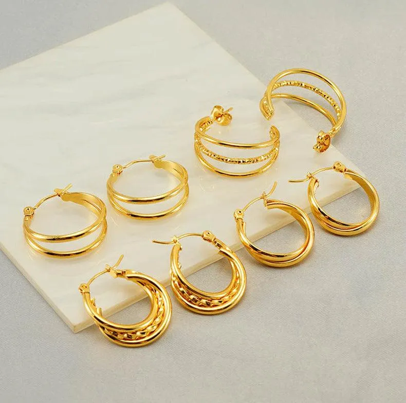 Gold-Plated Geometric Hoop Earrings – Trendy Stainless Steel Stud Earrings