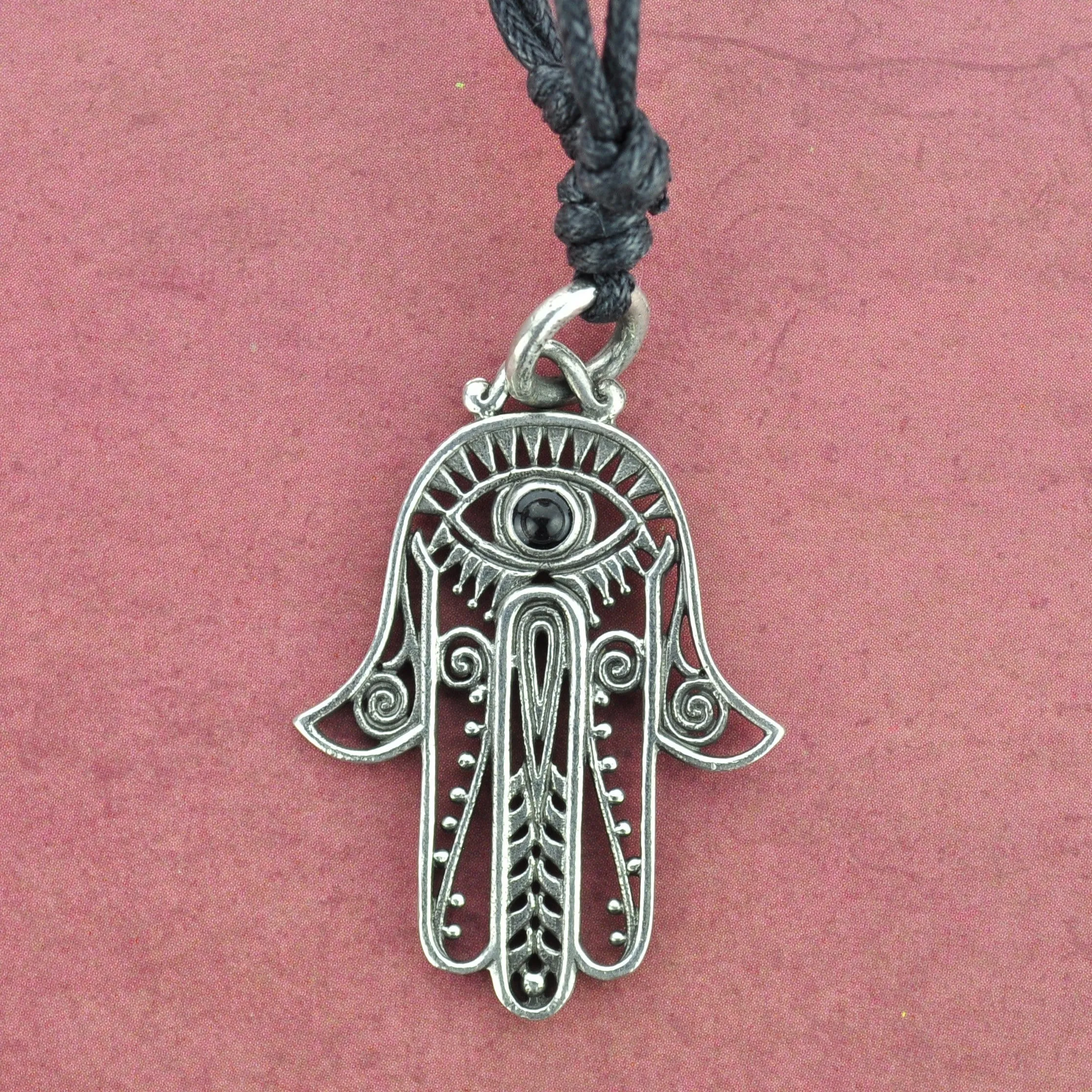 Hamsa White Brass Necklace with Turquoise/Onyx Eye