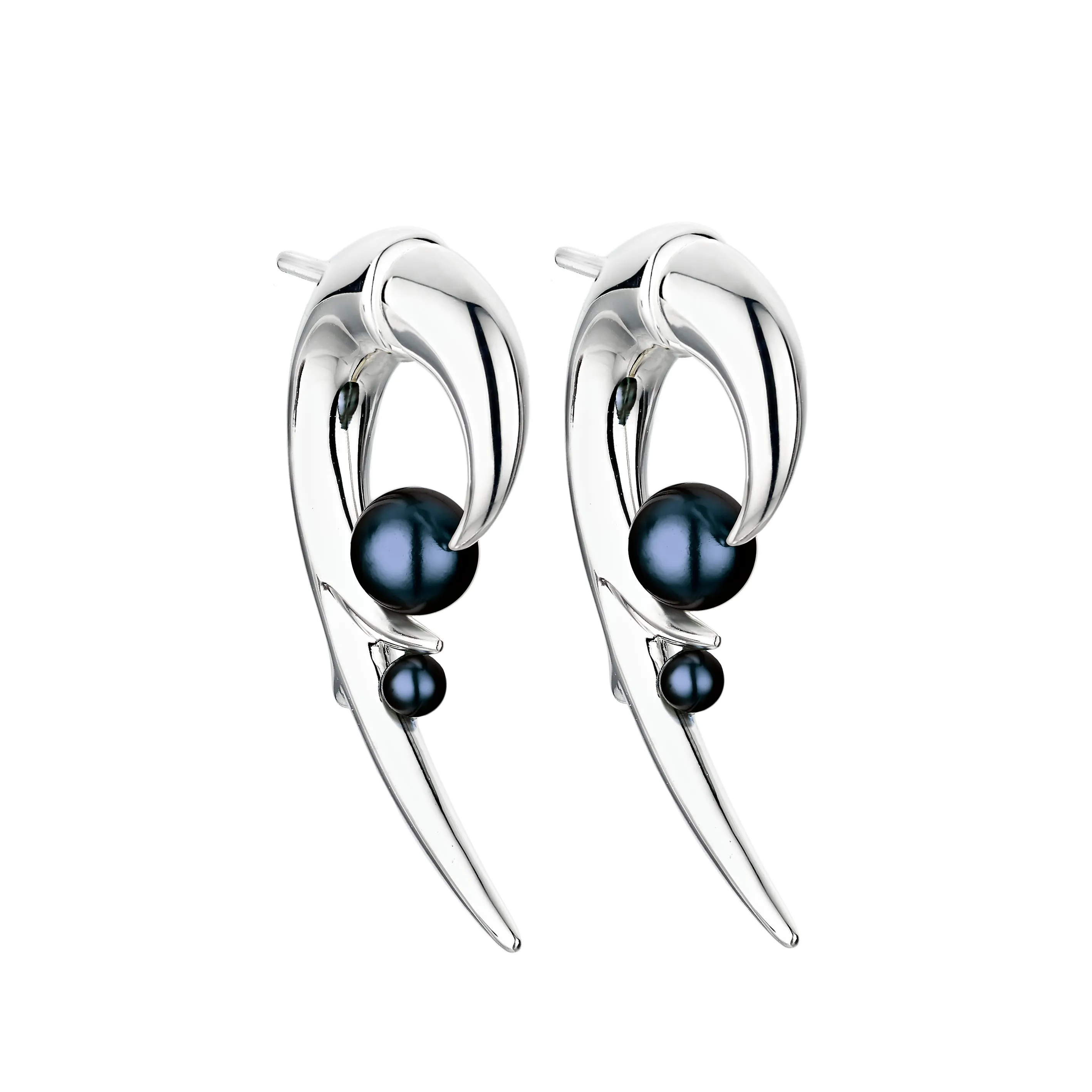 Hooked Pearl Earrings - Silver & Black Pearl