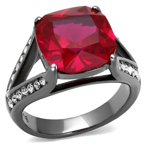 IP Light Black (IP Gun) Stainless Steel Ring with Synthetic Corundum in Ruby for Women Style TK2760