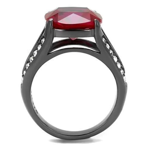 IP Light Black (IP Gun) Stainless Steel Ring with Synthetic Corundum in Ruby for Women Style TK2760