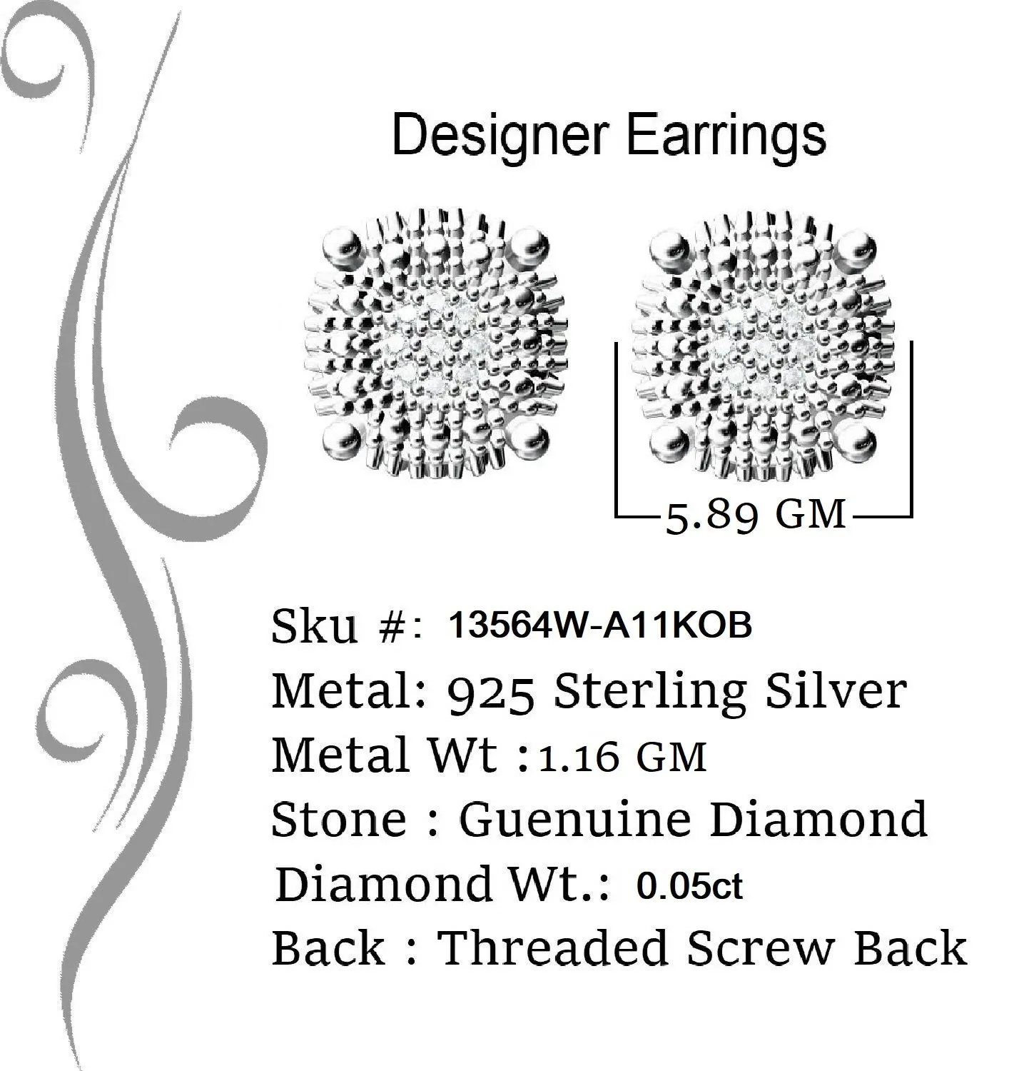 King Of Bling's 0.05ct Real Diamond 925 Sterling Silver White For Men's & Women's Round Earring