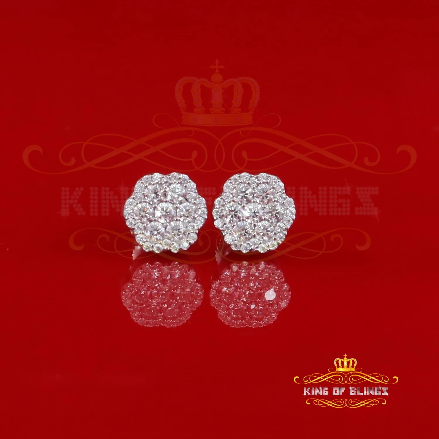 King of Bling's 925 White Silver 0.66ct VVS 'D' Moissanite Floral Stud Earring Men's/Women's