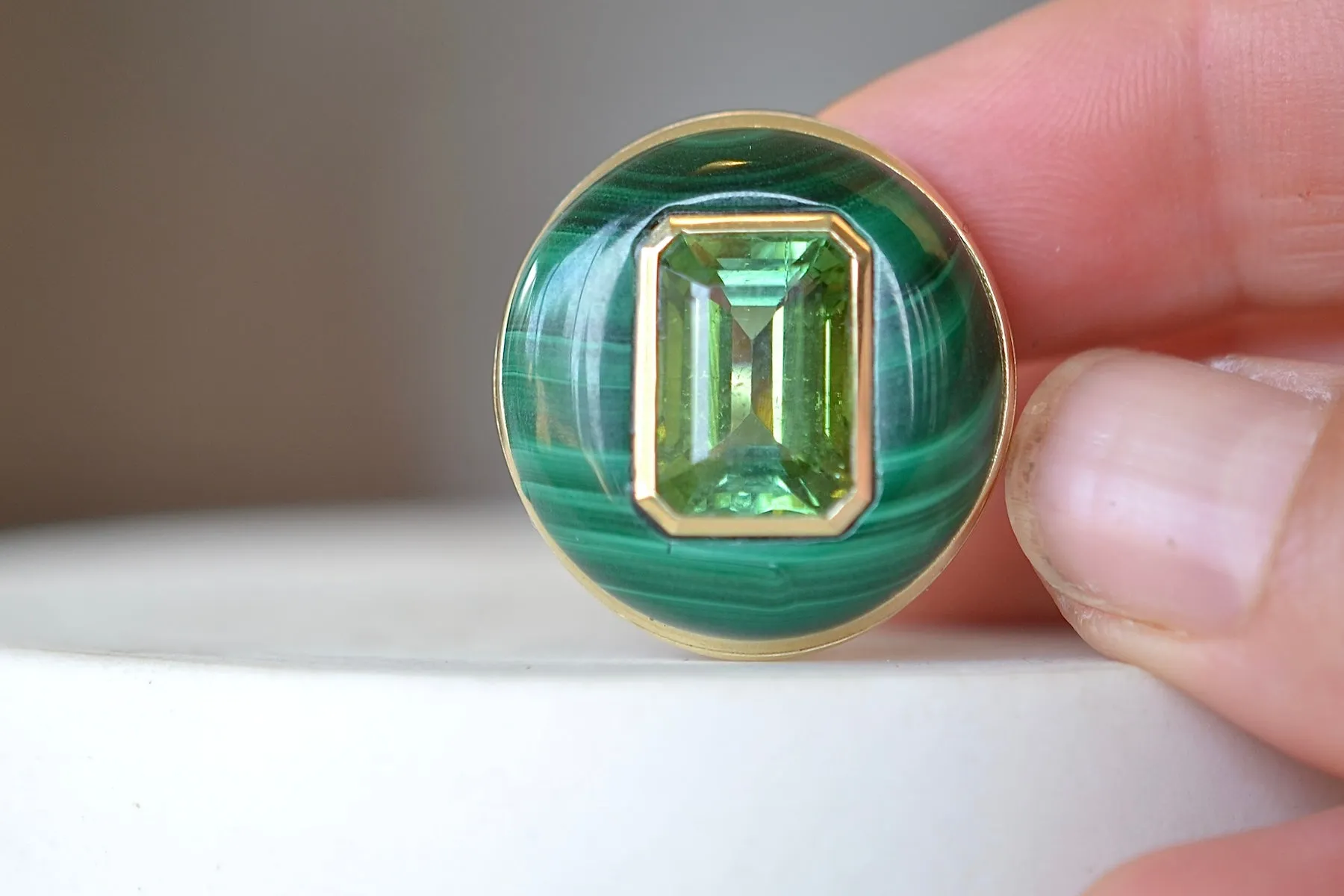 Large Lollipop Ring in Malachite and Green Tourmaline