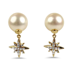 Mastoloni 18k Yellow Gold Pearl and Diamond Star Drop Earrings