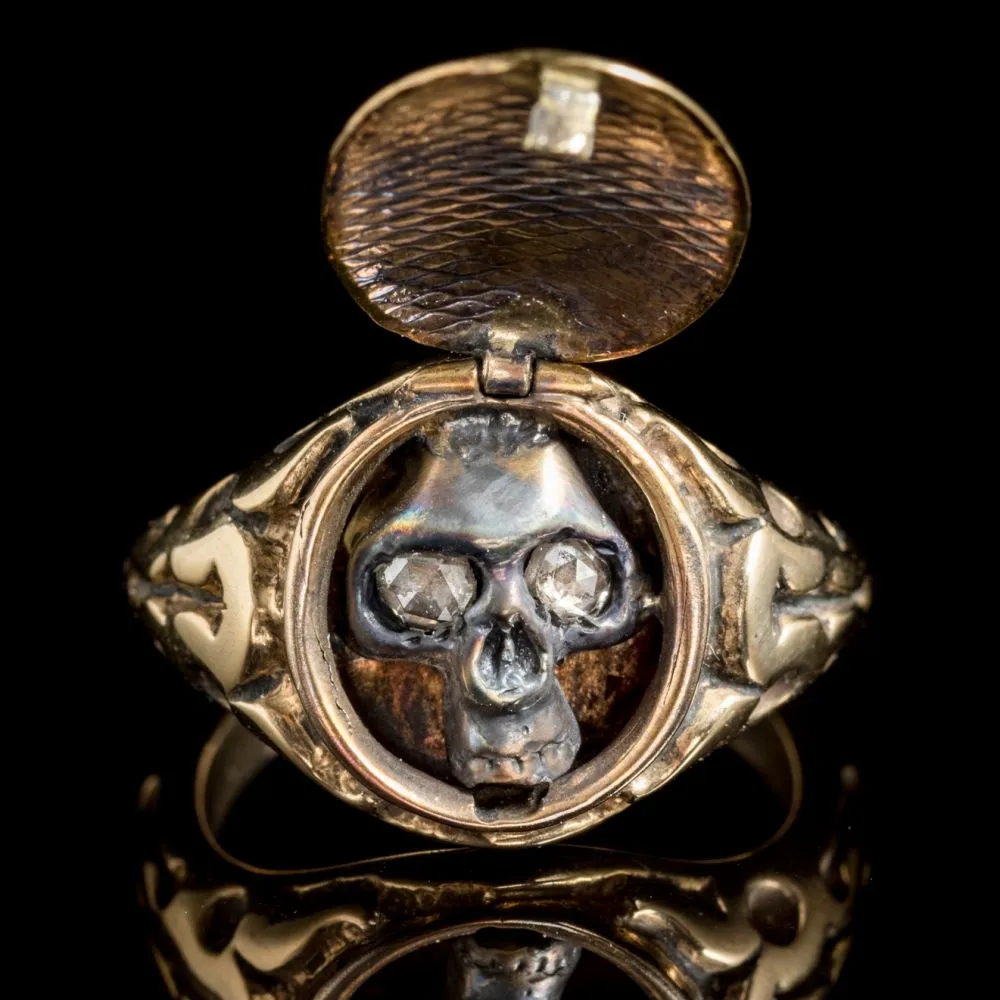 Memento Mori Diamond Skull Locket Ring 18Ct Gold