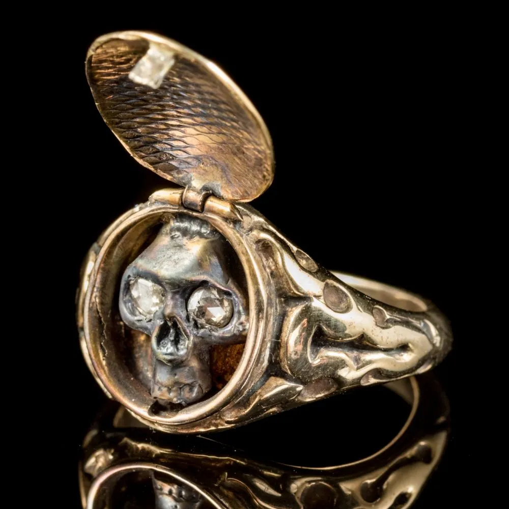 Memento Mori Diamond Skull Locket Ring 18Ct Gold