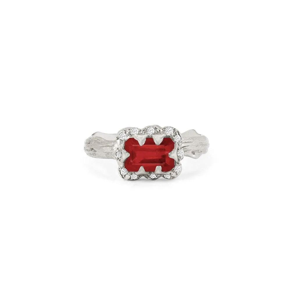 Micro Queen Emerald Cut Ruby Rose Thorn Ring with Sprinkled Diamonds