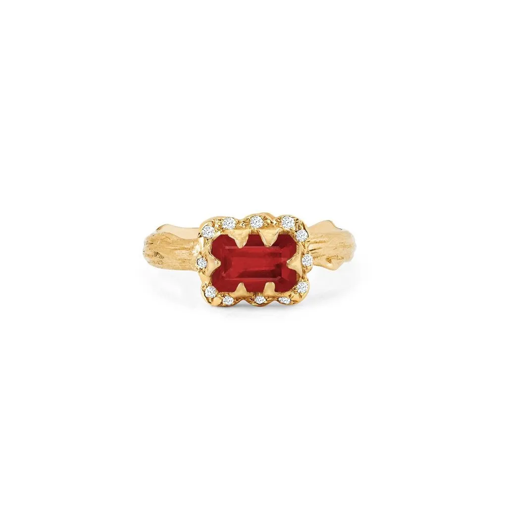 Micro Queen Emerald Cut Ruby Rose Thorn Ring with Sprinkled Diamonds