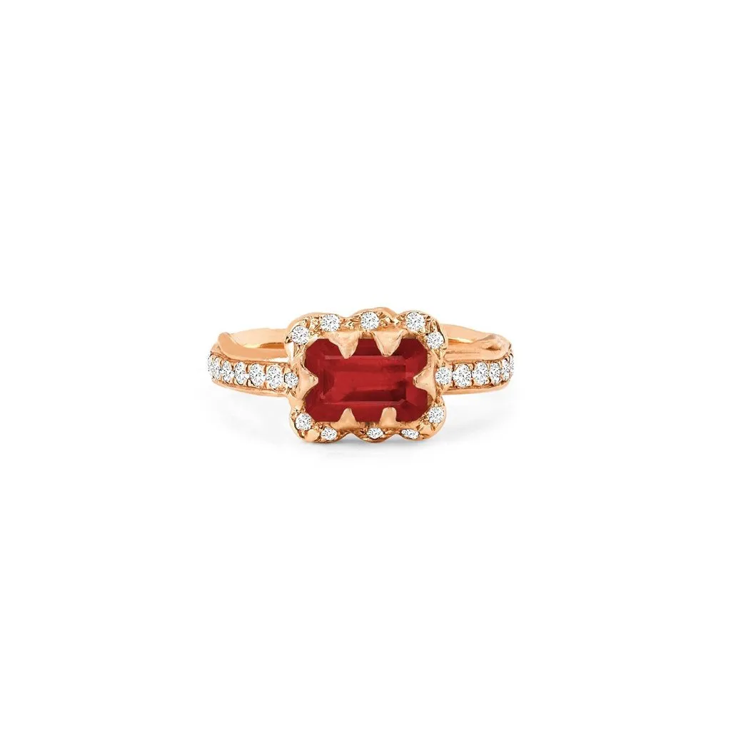 Micro Queen Emerald Cut Ruby Rose Thorn Ring with Sprinkled Diamonds