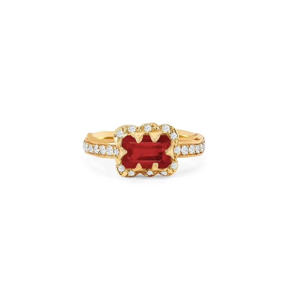 Micro Queen Emerald Cut Ruby Rose Thorn Ring with Sprinkled Diamonds