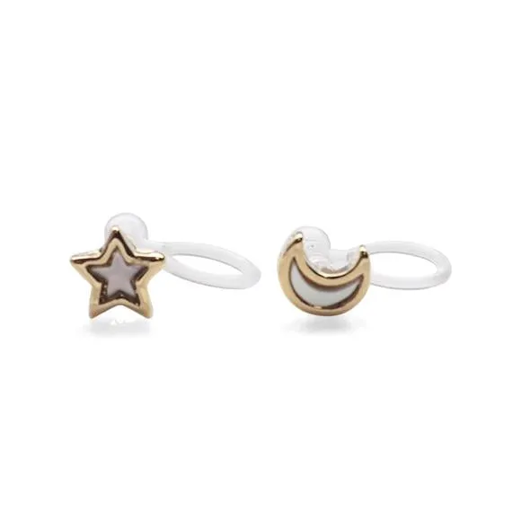 Mother Of Pearl Star and Moon Invisible Clip On Stud Earrings (Gold tone)