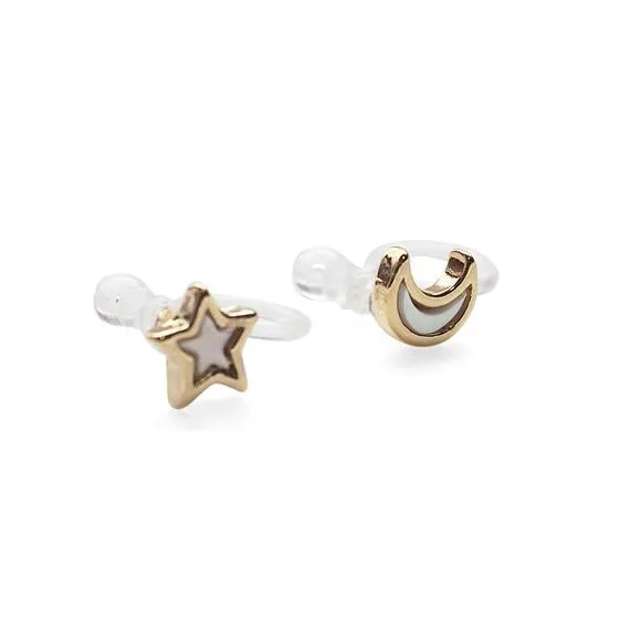 Mother Of Pearl Star and Moon Invisible Clip On Stud Earrings (Gold tone)