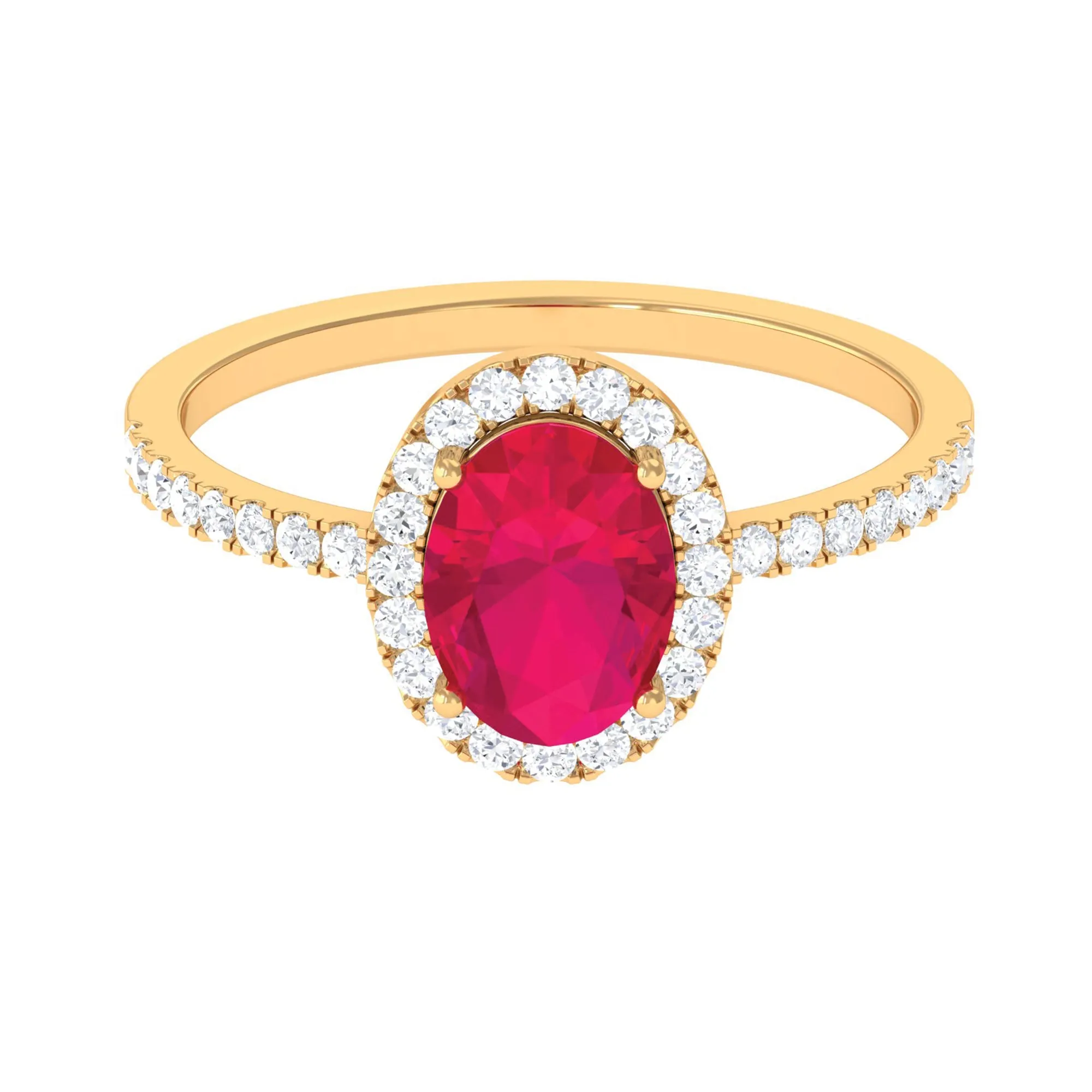 Oval Ruby Engagement Ring with Diamond Halo and Side Stones