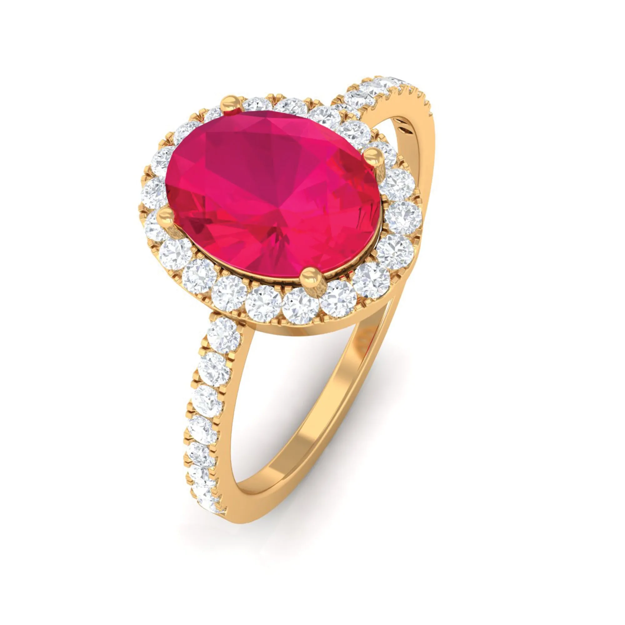 Oval Ruby Engagement Ring with Diamond Halo and Side Stones