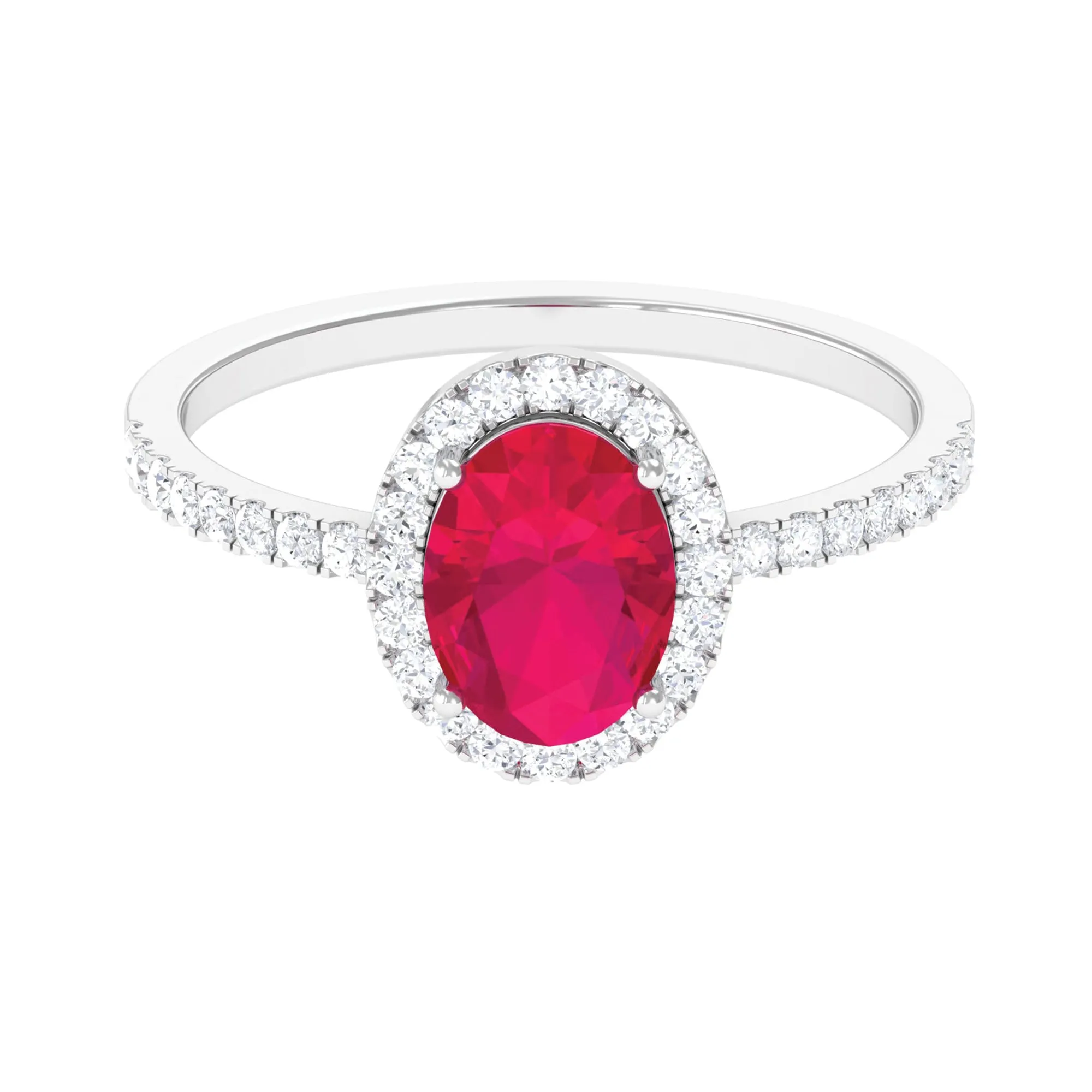 Oval Ruby Engagement Ring with Diamond Halo and Side Stones