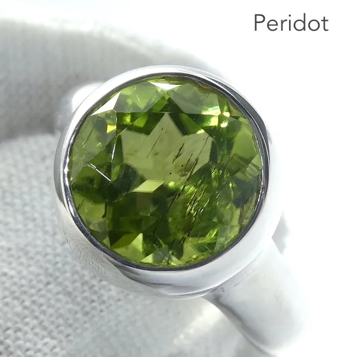 Peridot Ring, Large Faceted Round, Size 8.25, Fine Sterling Silver