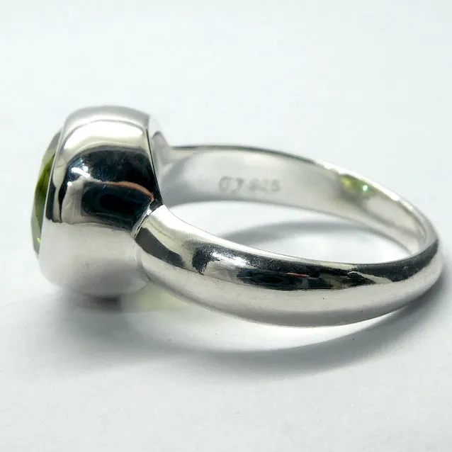 Peridot Ring, Large Faceted Round, Size 8.25, Fine Sterling Silver