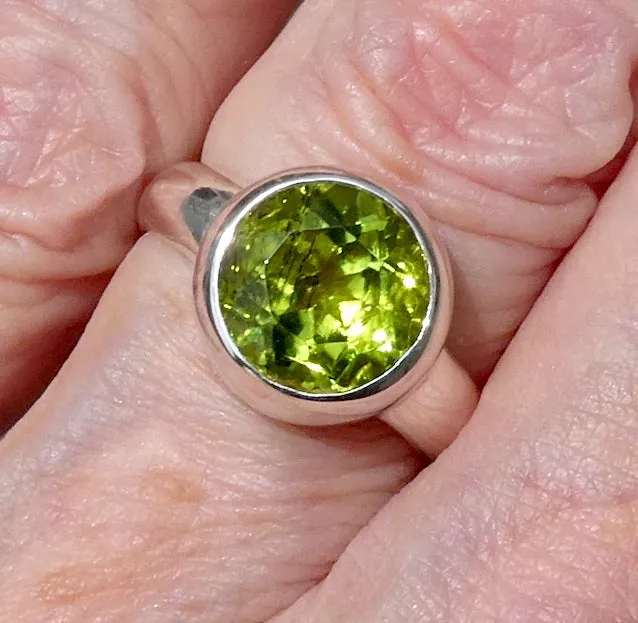 Peridot Ring, Large Faceted Round, Size 8.25, Fine Sterling Silver