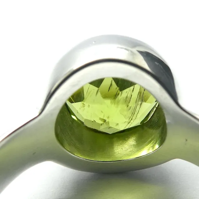 Peridot Ring, Large Faceted Round, Size 8.25, Fine Sterling Silver