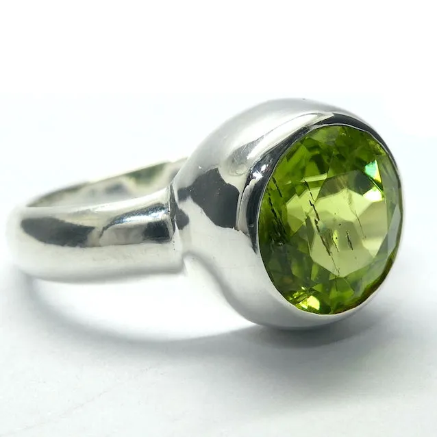 Peridot Ring, Large Faceted Round, Size 8.25, Fine Sterling Silver